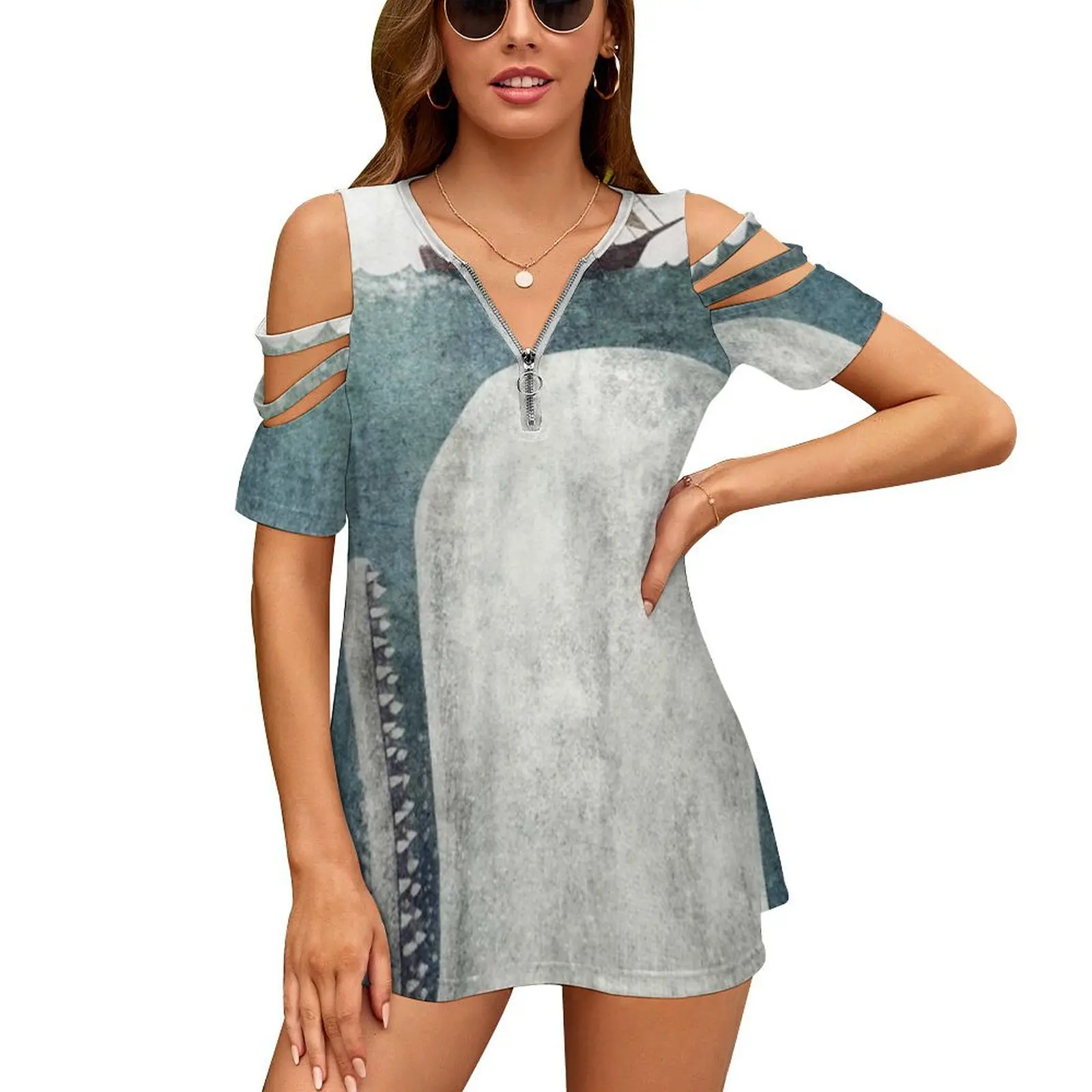 The White Whale Women Zipper Sexy Printed Vintage T-Shirt Top Full Print T-Shirt Whale Moby Dick Whale White Whale The Whale