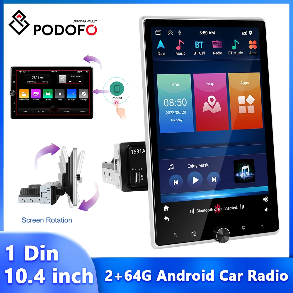 

Podofo 10.4'' 1Din Android Car Radio 2+64G Multimedia Player Carplay Android Auto GPS Navigation WIFI Bluetooth FM/RDS Autoradio