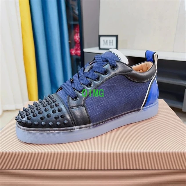 Luxury Designer Blue Leather Red Bottoms Rivets Low Tops Shoes For