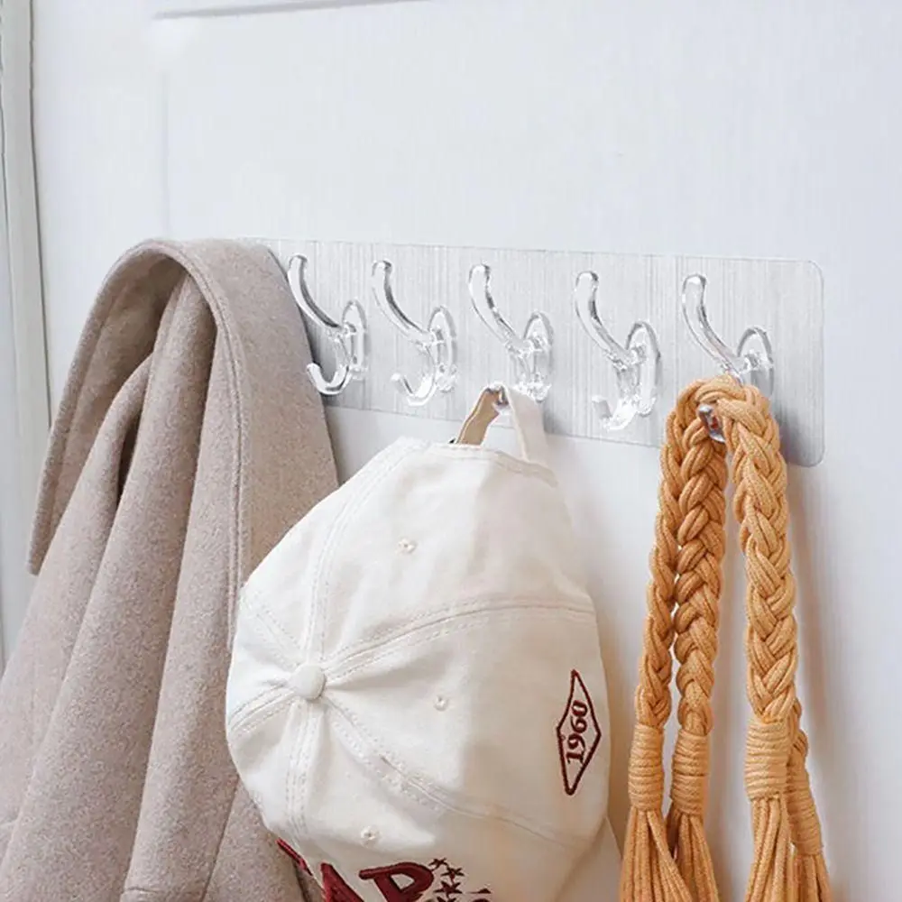 1/3/5/6 Row Wall Hanger Hook Transparent Self Adhesive Clothes Hook Punch Free Hanging Rack Home Multi-Purpose Hooks
