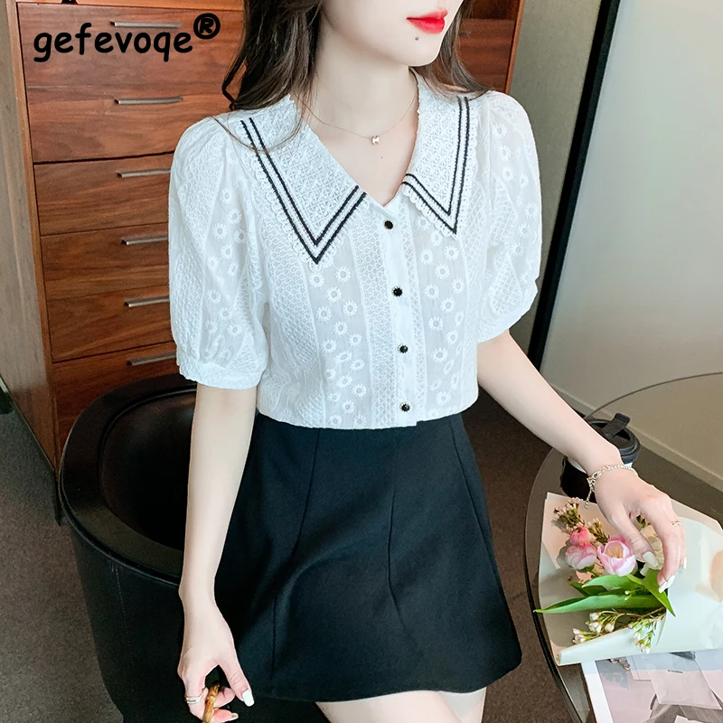 

Women Korean Fashion Lace Sweet Button Up Shirt 2024 Summer Elegant Contrast Color Blouse Vintage Short Sleeve Tops Chic Blusas