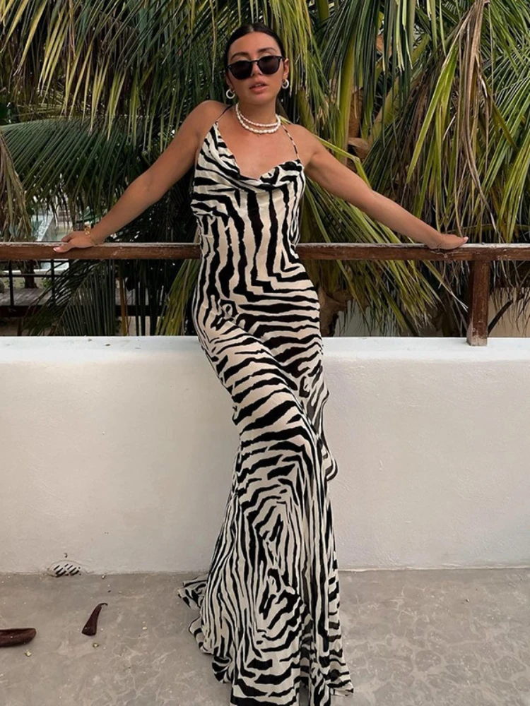 

Fashion Zebra Print Maxi Dress Sexy Backless Split Beach Dress Women Summer Elegant Sleeveless Club Party Vacation Outfits 2023