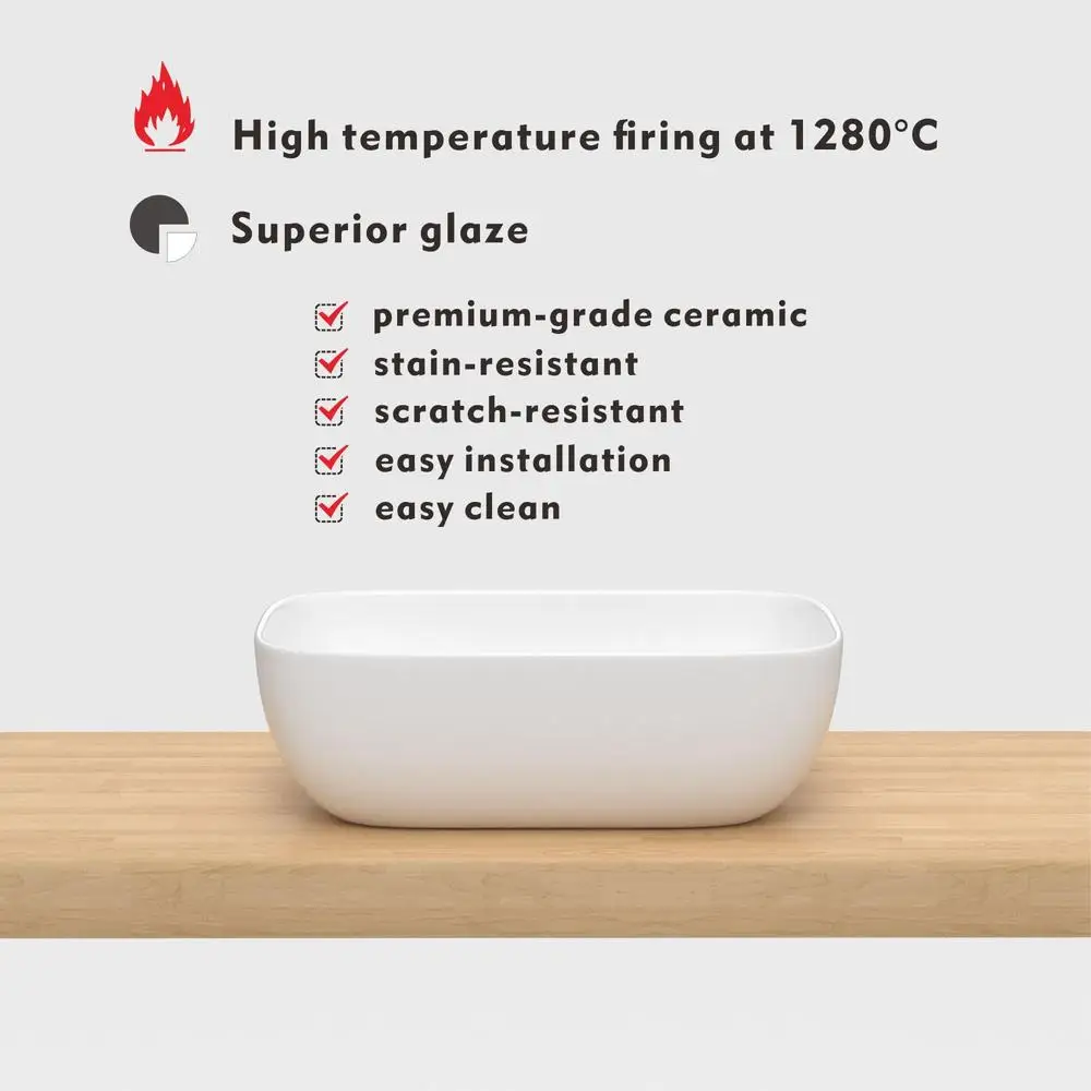Small Bathroom Vessel Sink White Porcelain Ceramic Lavatory Wash Basin 14.5''x10'' Modern Impact-Resistant Design 365x250x115mm 3