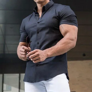 남성용 단색 편안한 블라우스, 블랙 반팔 셔츠, 캐주얼 스포츠 싱글 브레스티드, 슬림핏 셔츠 탑, 여름
