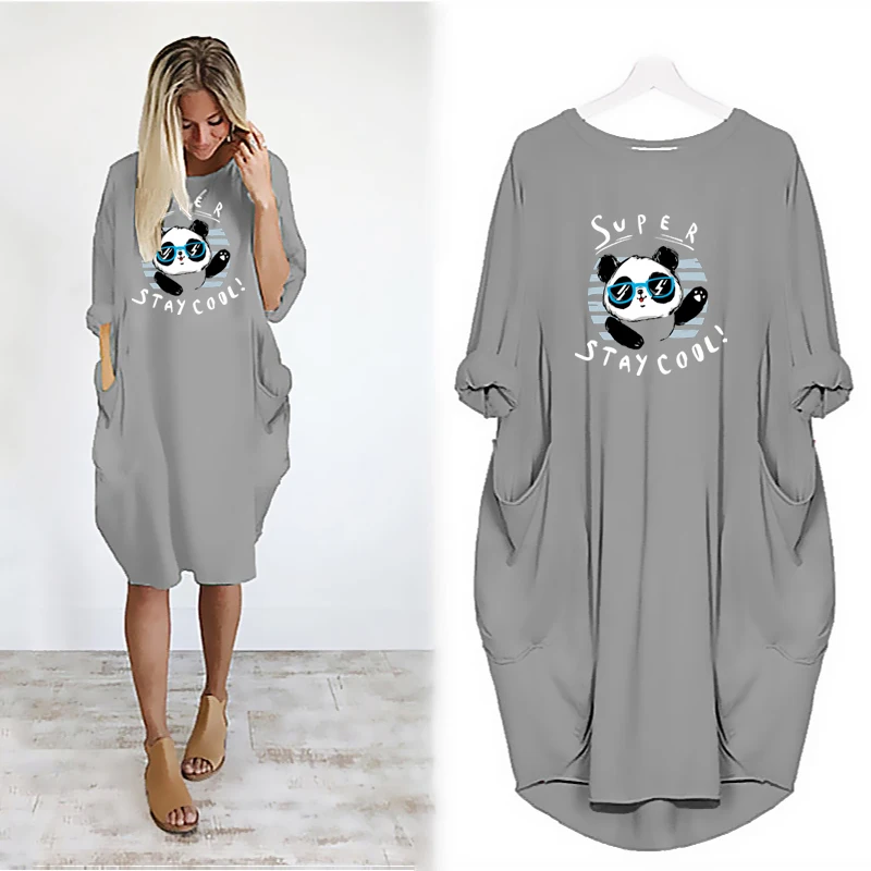 Midi Dress Long Sleeve Women Cats Cartoon Loose Oversize Dresses Big Print Pockets Kawaii Woman Clothes Casual Robe Sundresses fancy dress