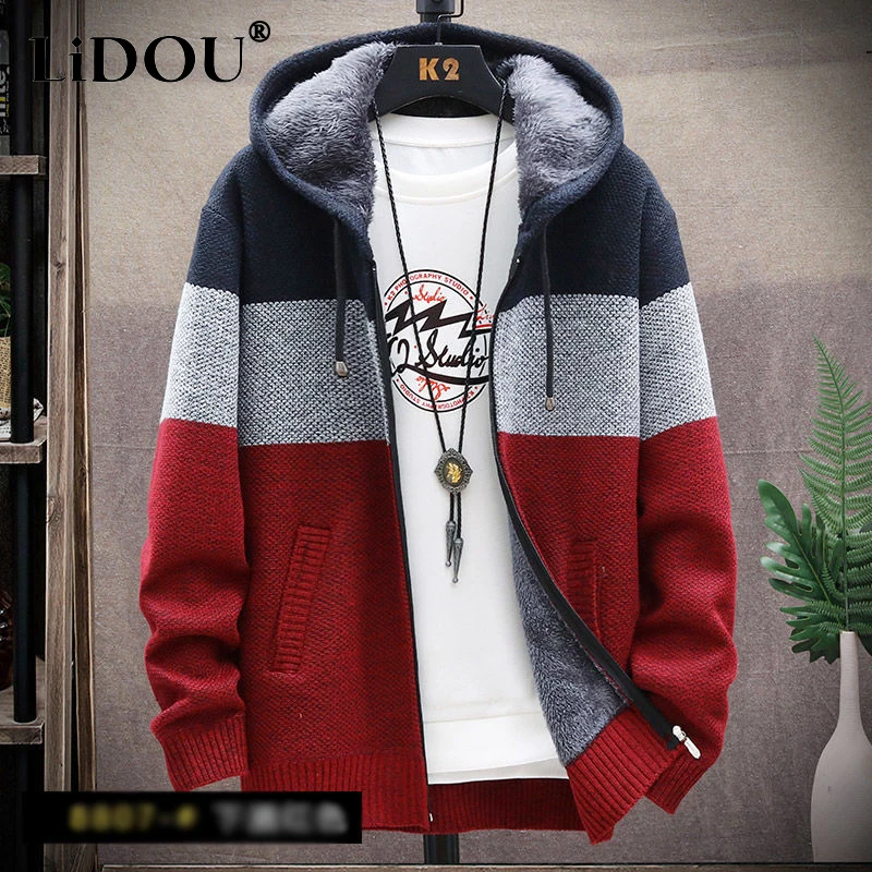 Autumn Winter Korean Style Patchwork Fleece Thick Knitwear Man Fashion All Match Jacket Male Vintage Y2K Top Casual Gentmen Coat