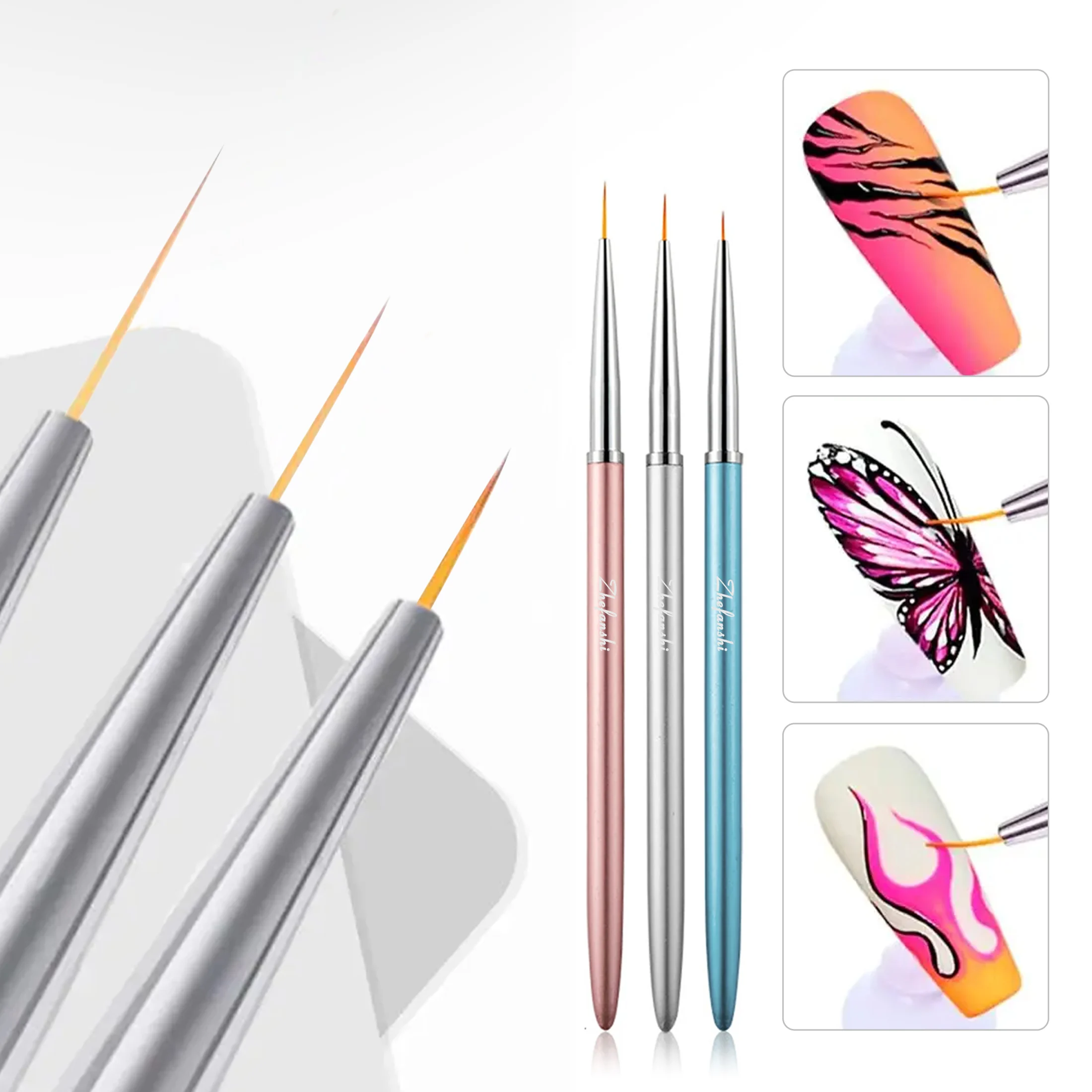 3Pcs 3D Tips Line Stripes DIY Drawing Pen French Stripe UV Gel Brushes Painting Pen Manicure Tools Nail Art Liner Brush Set