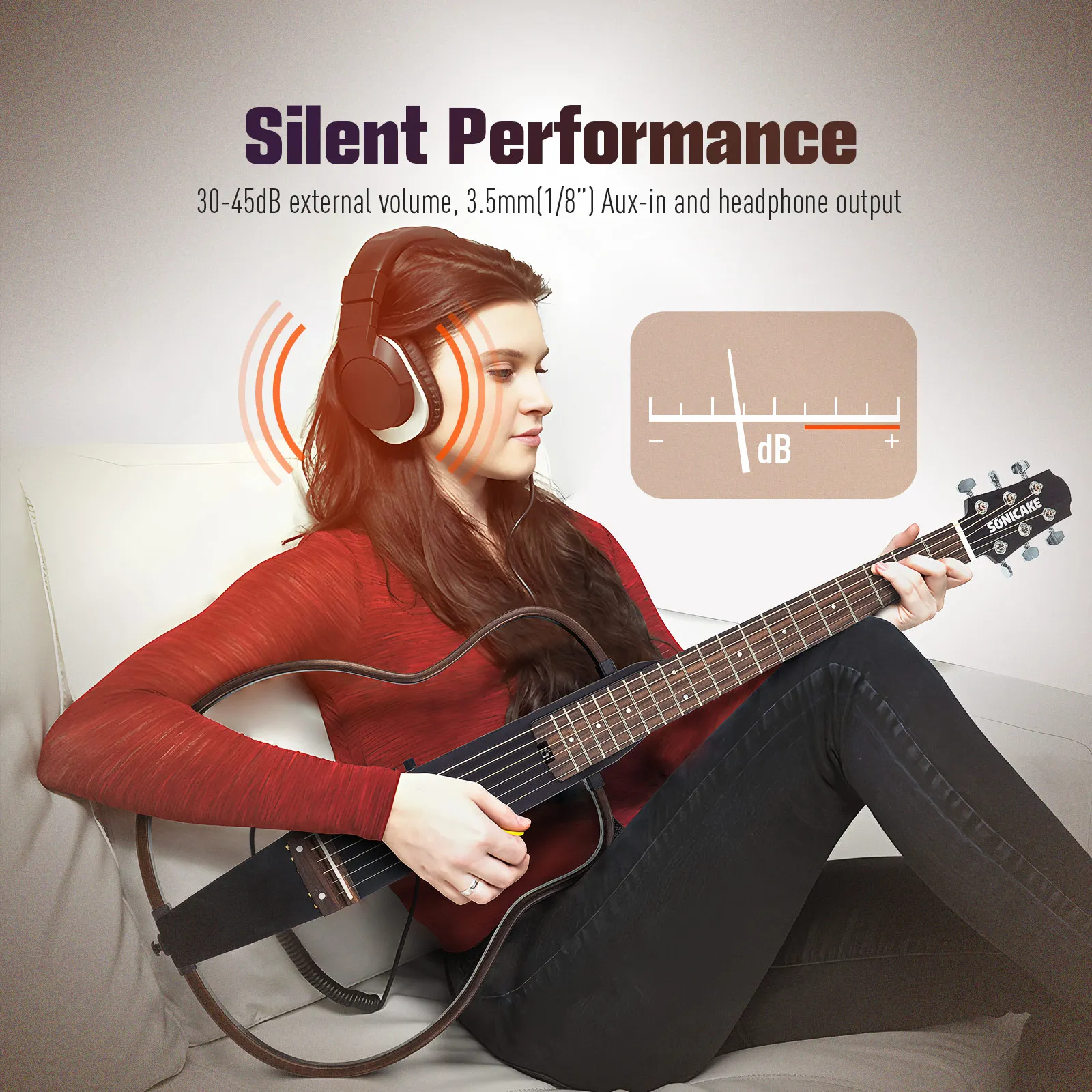 SONICAKE Silent Acoustic Electric Travel Guitar Solid Mahogany Body Assembly Frames Rechargeable Pre-amp Gig Bag All Accessories
