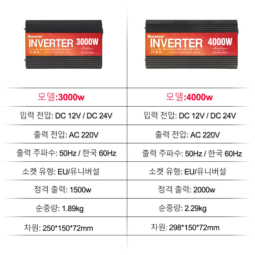 RDDSPON 순수 사인파 인버터 4000W 3000W DC 12V 24V 48V 60V에서 AC 220V 50Hz 60Hz 전력 변환기 태양광 자동차 인버터 변환기
