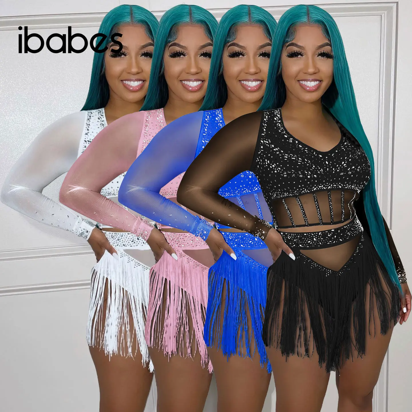 

Crystals Women 2 Piece Set Sexy Mesh See Through Crop Top Tassel Mini Skirts Matching Set 2023 Summer Sexy Night Club Tracksuits