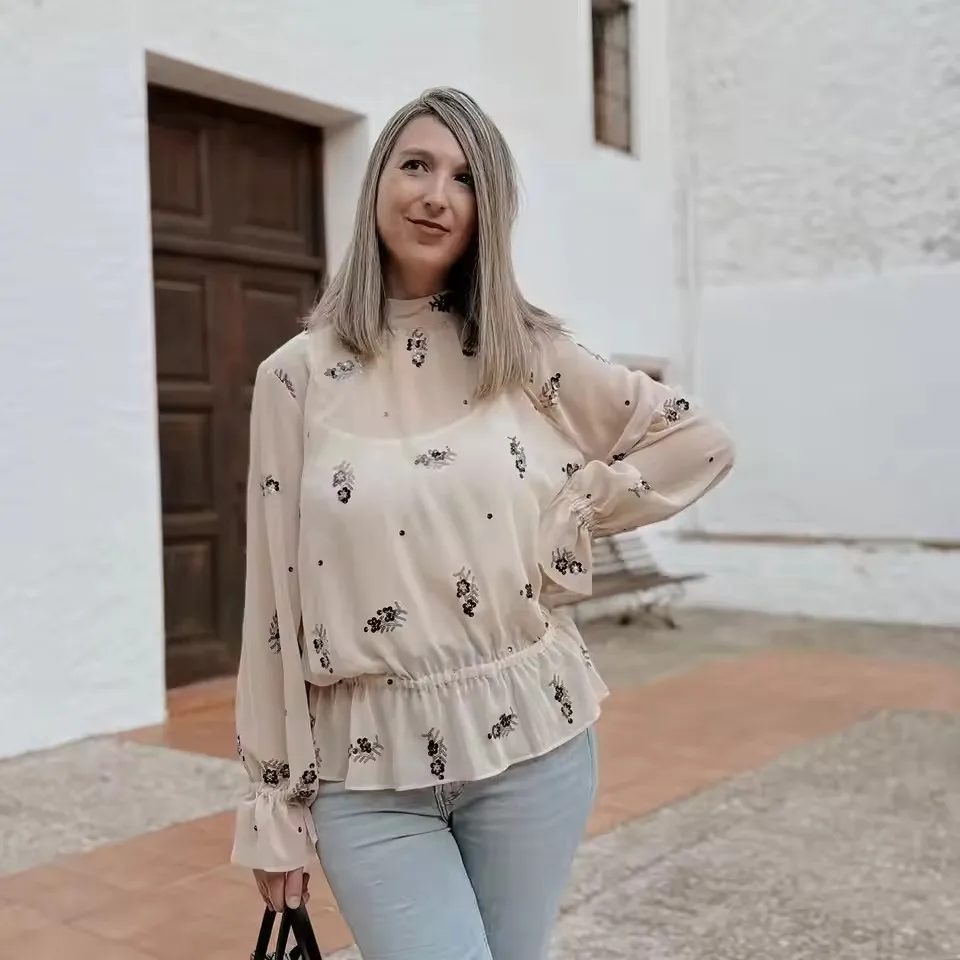 Chic Floral Sequin Women Blouse Long Sleeve Loose Shirts New Fashion 2026 Spring Holiday Casual Elegant Blouse Top