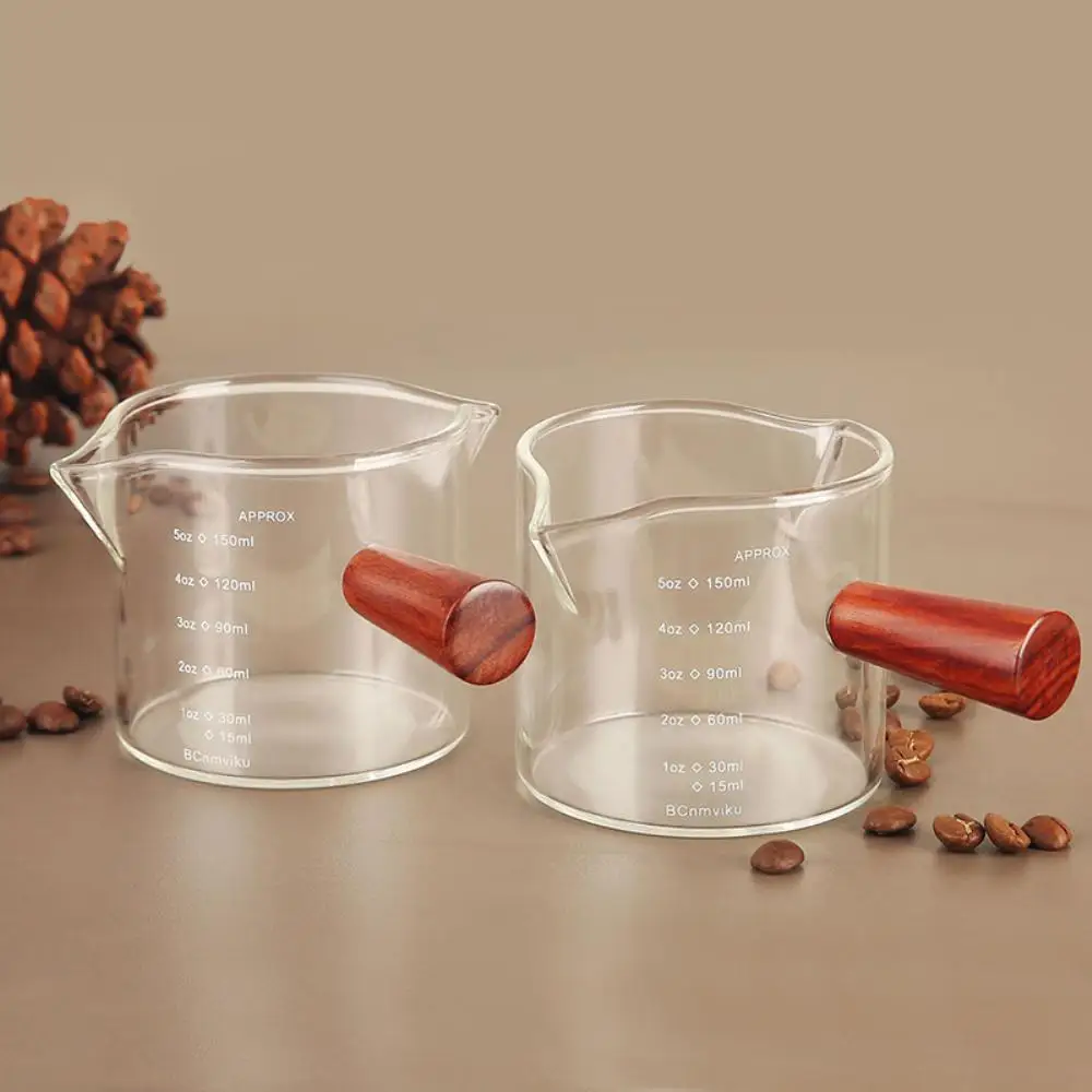 Measuring Cup 40/75/150ml Wood Handle Glass Espresso Measuring Cup Double/Single Mouth Milk Jug Coffee Supplies Clear Kitchen Measure Mug