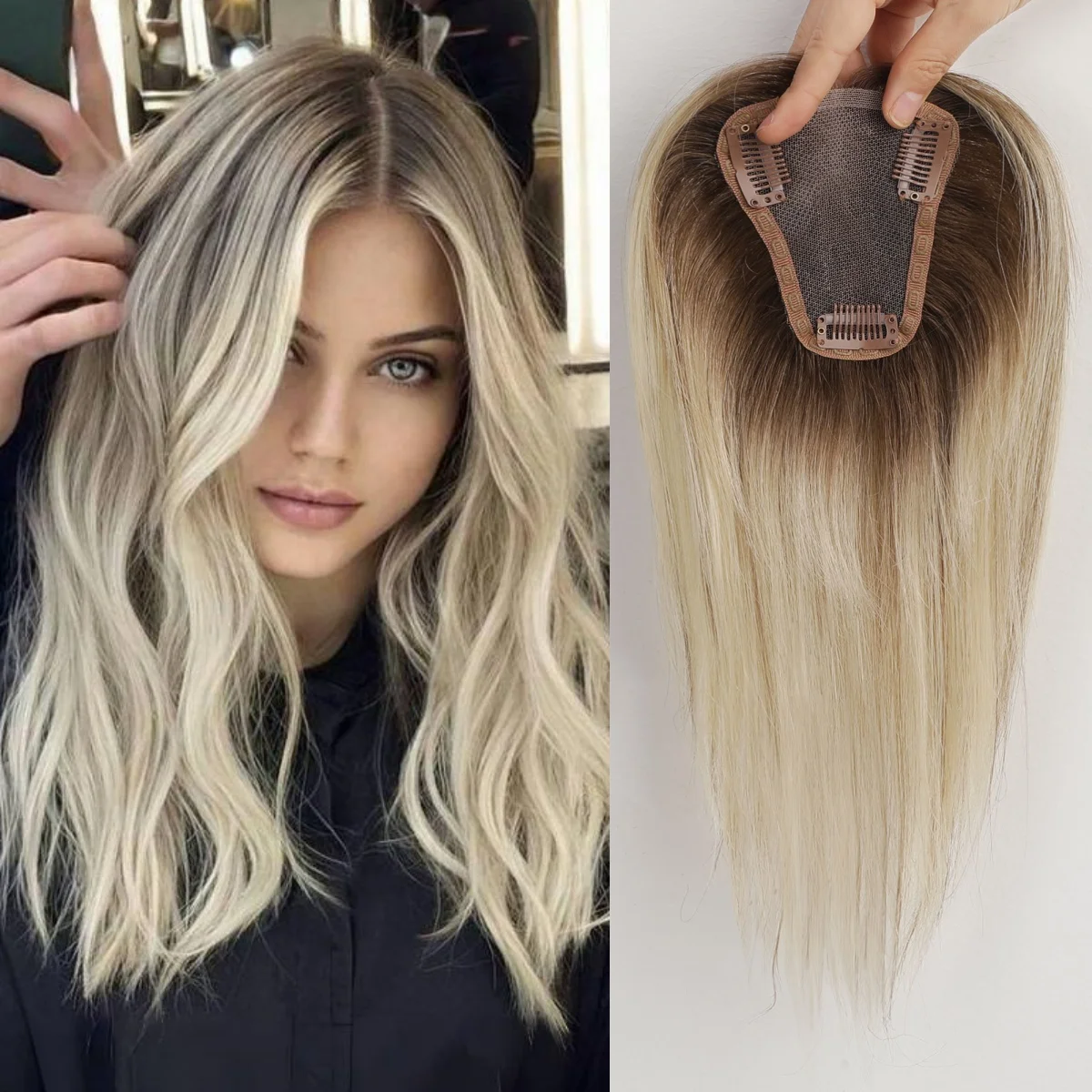 Human Hair Toppers, Human Hair Lace Closure, Human Hair Weave Bundles Blonde Mixed Brown Human Hair Topper Middle Part Straight Hairpieces Remy Human Hair Silk Top Base Extension Women