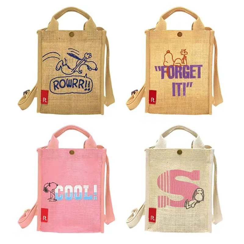 

Japanese Cute Snoopy Anime Dog Shoulder Crossbody Bag Woven Cotton and Linen Embroidery Cartoon Storage Bags Handbag