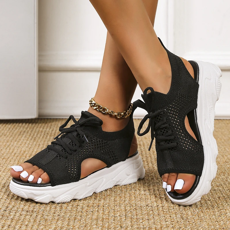 Women Sandals Summer Mesh Casual Shoes Thick-Soled Lace-Up Open Toe Beach Shoes