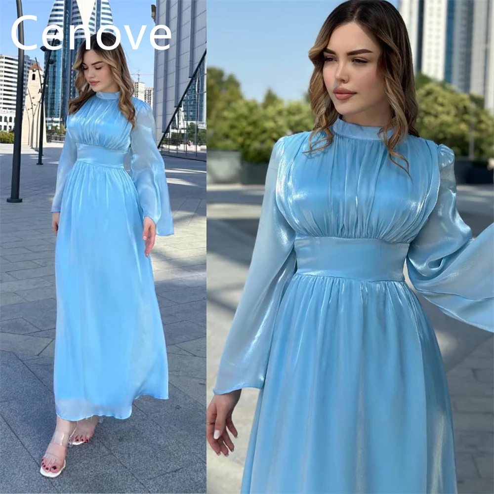 

Cenove Sky Blue High Neckline Prom Dress Long Sleeves With Ankle-Length Evening Summer Elegant Party Dress For Women2023