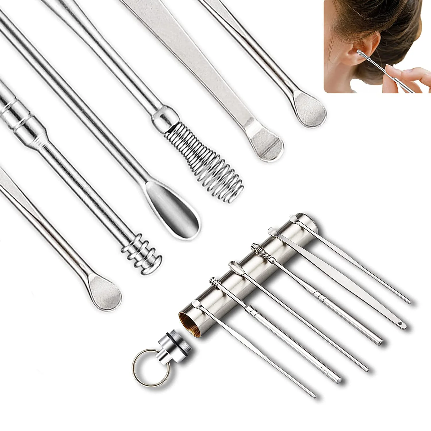 

6 Pcs Ear Wax Removal Tool Portable Stainless Steel Earwax Remover Cleaner Kit Earpick Spring Ear Wax Spoon Cleaning Set