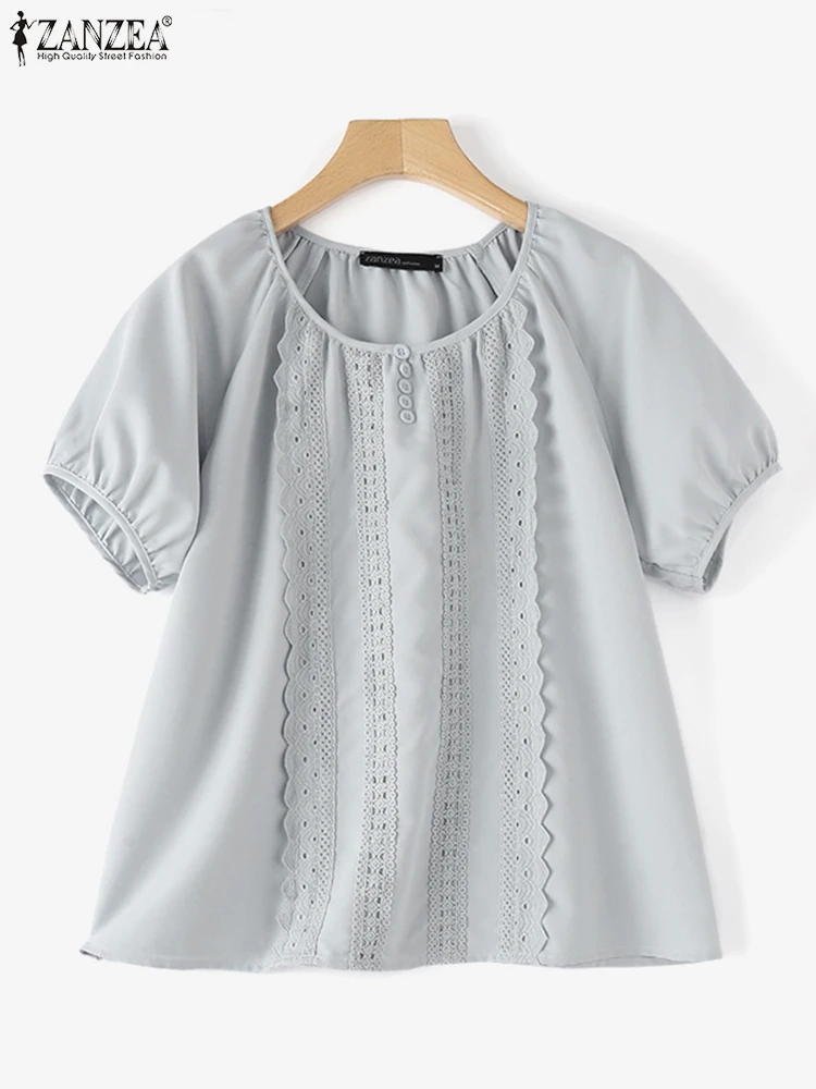 

Праздничные корейские туники ZANZEA 2024 с круглым вырезом, женские кружевные топы с прострочкой, модная летняя блузка с коротким рукавом, повседневные свободные базовые рубашки