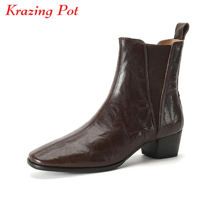 

Krazing Pot Cow Leather Round Toe Winter Warm Chelsea Boots Med Heels Beauty Street Wear Slip On Dating Vintage Ins Ankle Boots