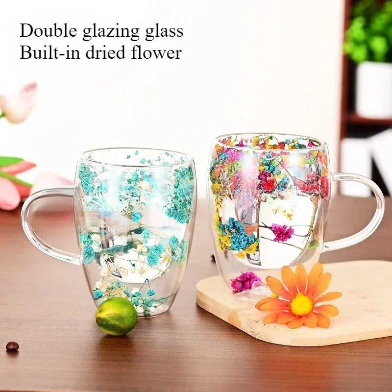 350ml Dried Flower Decorative Double Walled Glass Mug with Handle Coffee Cup Creative Flower Mug Heat insulation Milk Water Cups