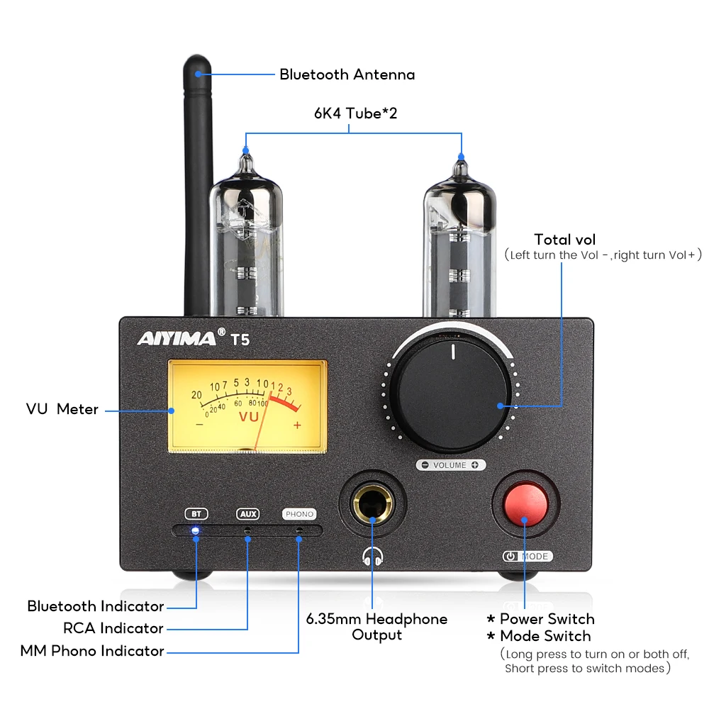 AIYIMA-Amplificateur de Scène Phono T5 MM, VU-mètre, Lecteur d'Enregistrement Bluetooth, Audio Stéréo, Préamplificateur Phonographe Coloré