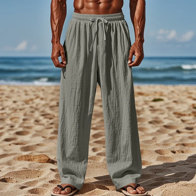 Herren Leinen Freizeithose Elastische Taille Strandhose Leichte Kordelzug Sommer Yogahose Einfarbige Strandhose – Detail 4