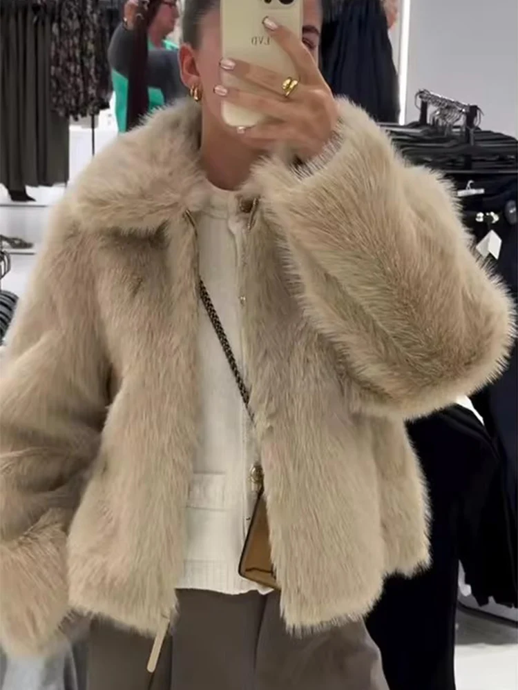 Loose Warm Zipper Faux Fur Jackets For Women Lapel Long Sleeve Pockets Thicken Coats 2025 Autumn Winter Lady Elegant Outwear New