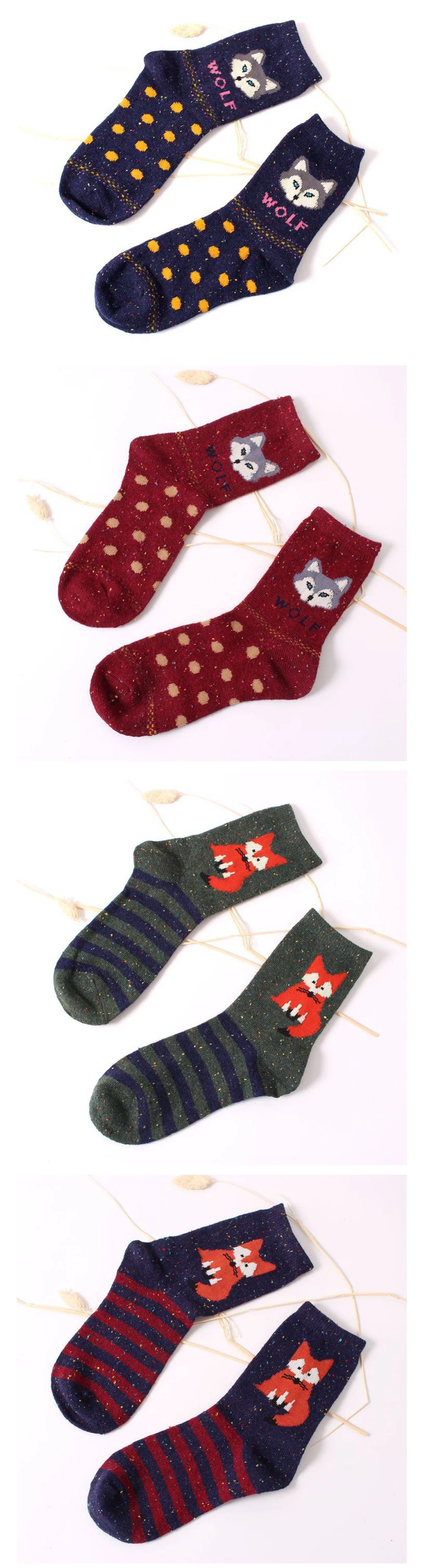 Koreanische Dicke Wolle Frauen Mädchen Crew Socken Herbst Winter Harajuku Tier Fuchs Wolf Gestreiften Sokken Reizende Nette Weihnachten Dropship – Detail 6