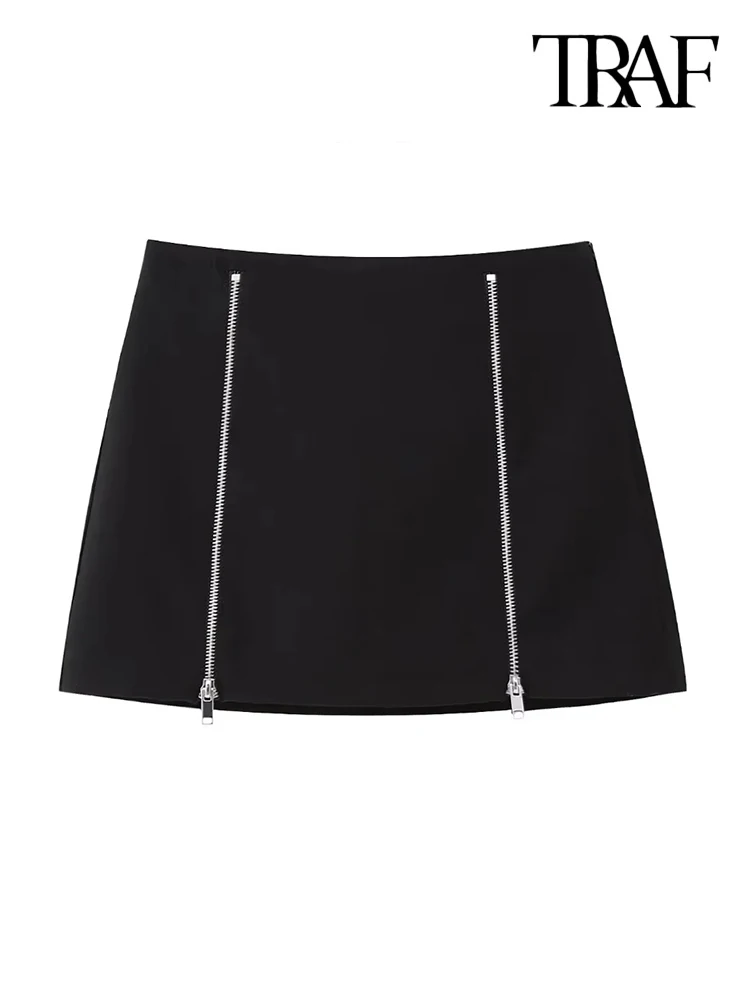 

TRAF Women Fashion With Zips Shorts Skirts Vintage High Waist Side Zipper Female Skort Mujer