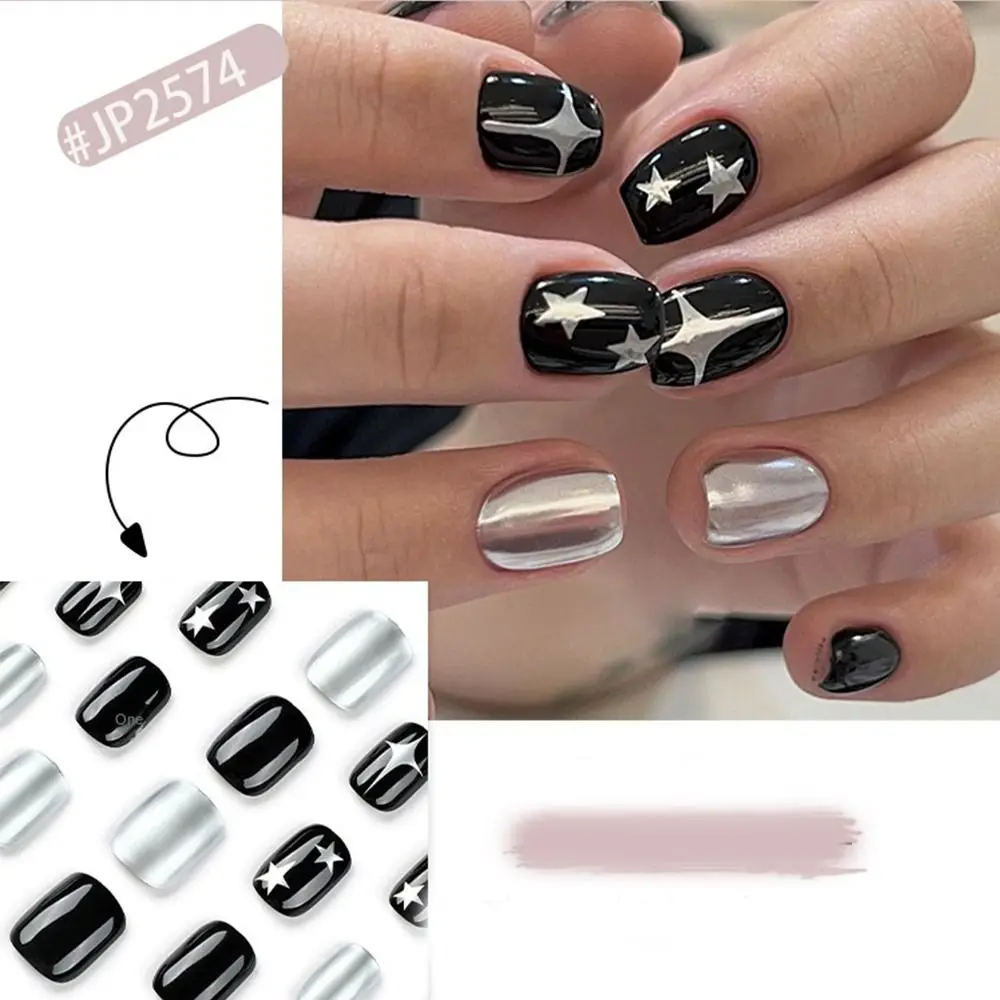 

Short Round False Nails Fashion French Y2K Nail Tips Full Cover Silver Star Fake Nails for Salon