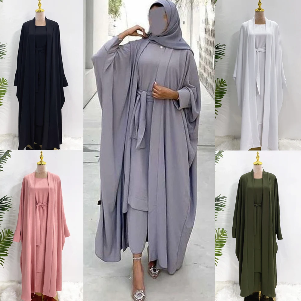 Рамадан-ИД-костюмы-абайя-Дубай-из-двух-частей-мусульманские-Комплекты-платье-абайя-Женская-Обычная-Турция-ислам-абайя-с-поясом-платье-открытое-кимоно