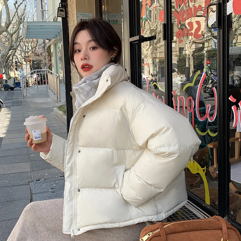 Standing Collar Short Down Jacket Loose and Thickened Jacket Long Sleeved Hairless Collar Winter Jacket White Duck Down Filling short down jacket women hooded long sleeved white duck down thickened jacket