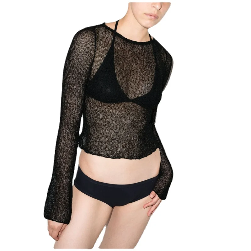 

Sexy Beach Hollow Out Long Sleeve T-Shirt Women's Round Neck High Waist See-through Top for Outdoor Wear
