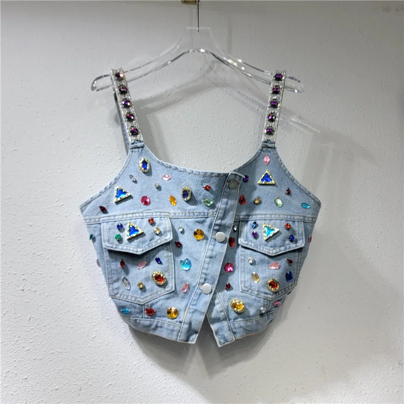 

Hot Girl Sexy Retro Cross Denim Camisole Women Outer Wear Beads Colorful Diamond Short Sleeveless Vest Tank Top
