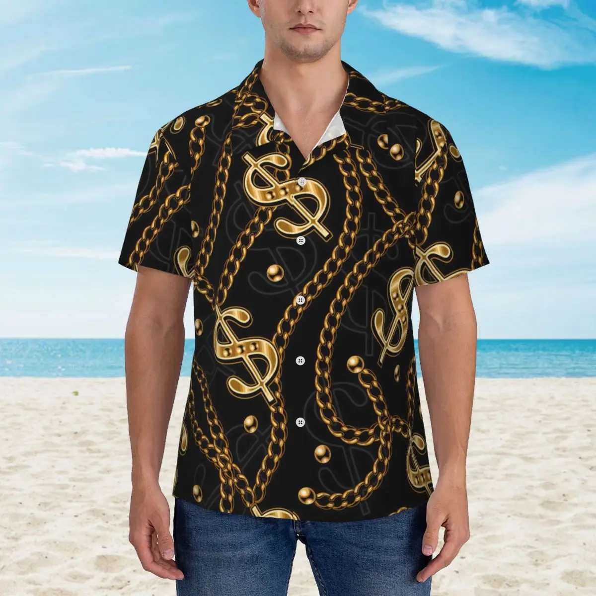 

Gold Chain Print Vacation Shirt Mens USA Dollar Sign Casual Shirts Summer Short Sleeve Graphic Vintage Oversized Blouses Gift