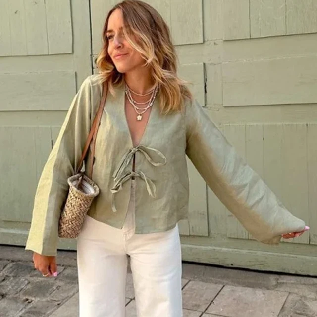 C.NEW S 2024 Spring New Female Street Tops Green Linen Lace Up Long Sleeve For Women Fashion Chic Casual Loose V Neck Shirt 2