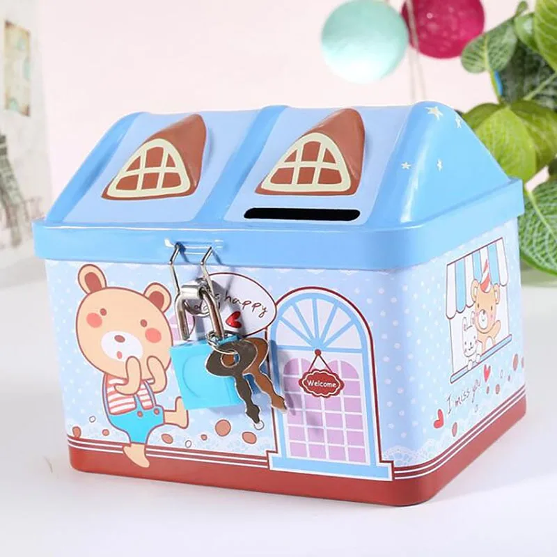 New Metal House Shape Piggy Bank Coin Safe Storage Box Child Piggy Banks Key Lock Money Box Creative Children Gift