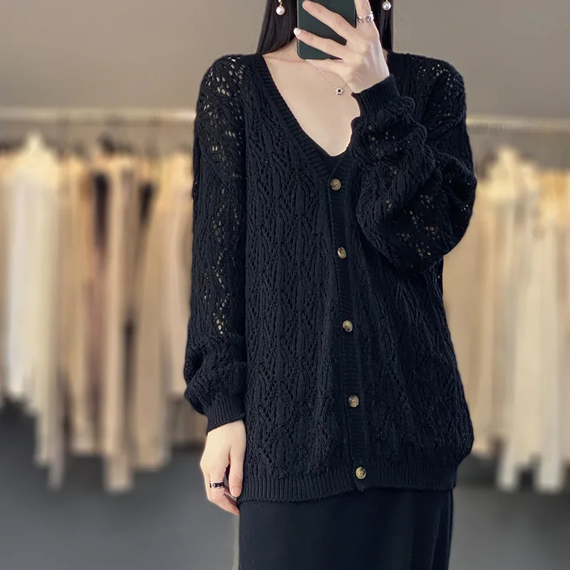 

Spring and Summer New Pure Cotton Knitted Cardigan Jacket Women's Hollow-out Hook Flower Loose Casual Lazy Coat Long Sleeve