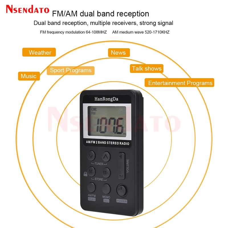 HRD-103 2 Band AM FM Digital Stereo Radio Receiver Portable Pocket Mini Radio With Headphones LCD Screen Rechargeable Battery