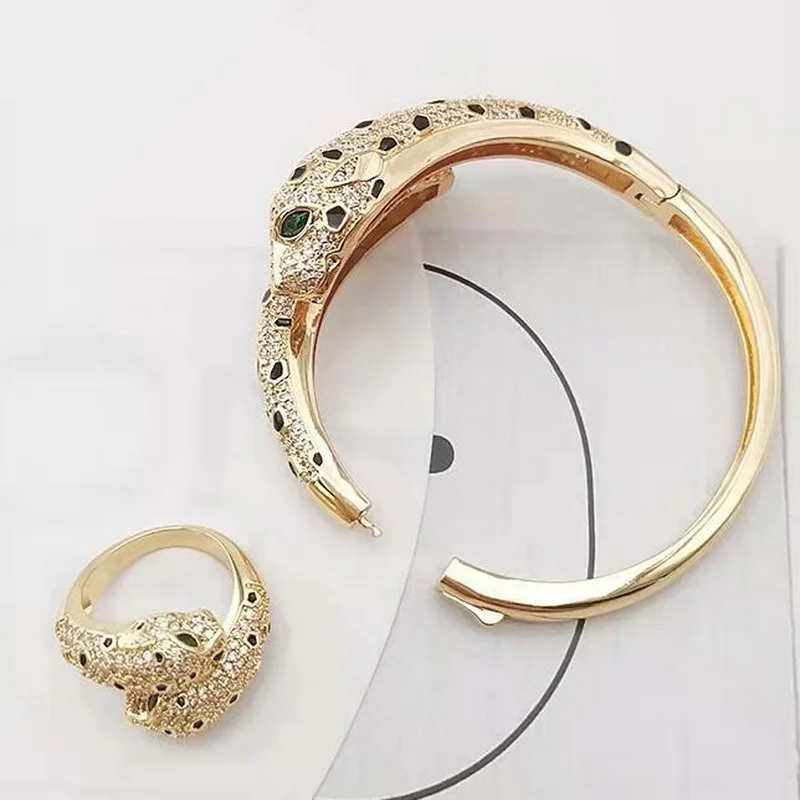 Europe America Fashion Style Men Women Lady Plated Gold Color Black Spots Inlay Green Cubic Zircon Double Leopard Ring Bracelet