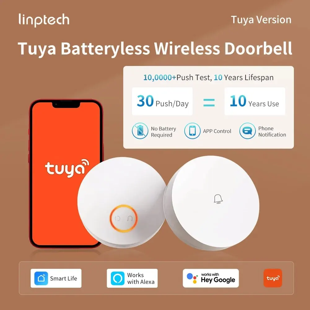 Smart Wireless Doorbell No Battery Required,Works with Alexa,Google Assistant,IPX5 Waterproof,Tuya App Control and Notification