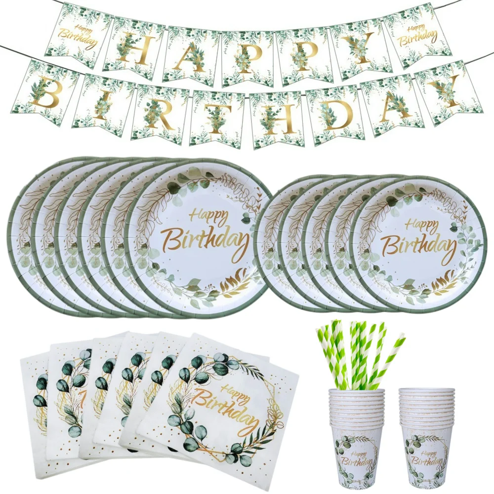 Eukalyptus blätter Einweg geschirr Set grünes Blatt Papp teller Tasse Serviette Tischdecke Mädchen Junge Geburtstags feier Dekoration