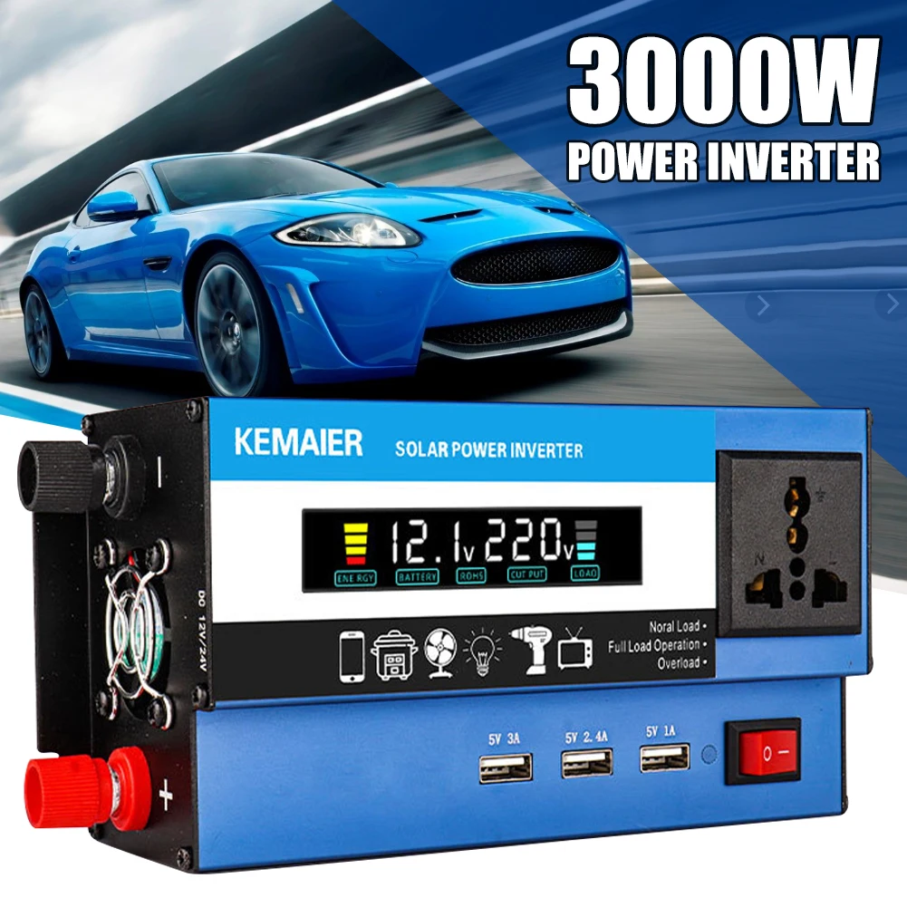 

3000W Car Power Inverter DC 12V/24V to AC 220V Power Converter with LCD Display USB Port and AC Outlet for Home Travel Outdoor