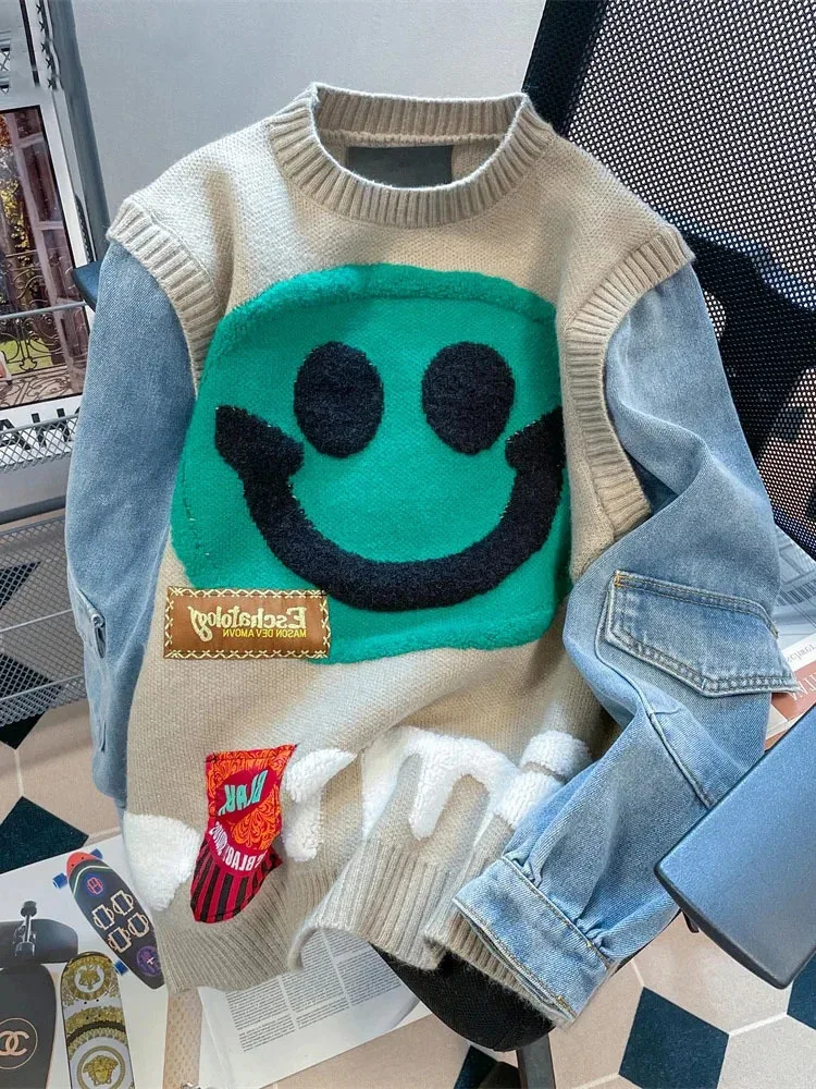

NICEWOMEN Denim Patchwork Sweater For Women Big Size Long Sleeve Warm Vintage Pullovers Knitwear Top 2023 Autumn Winter AH276