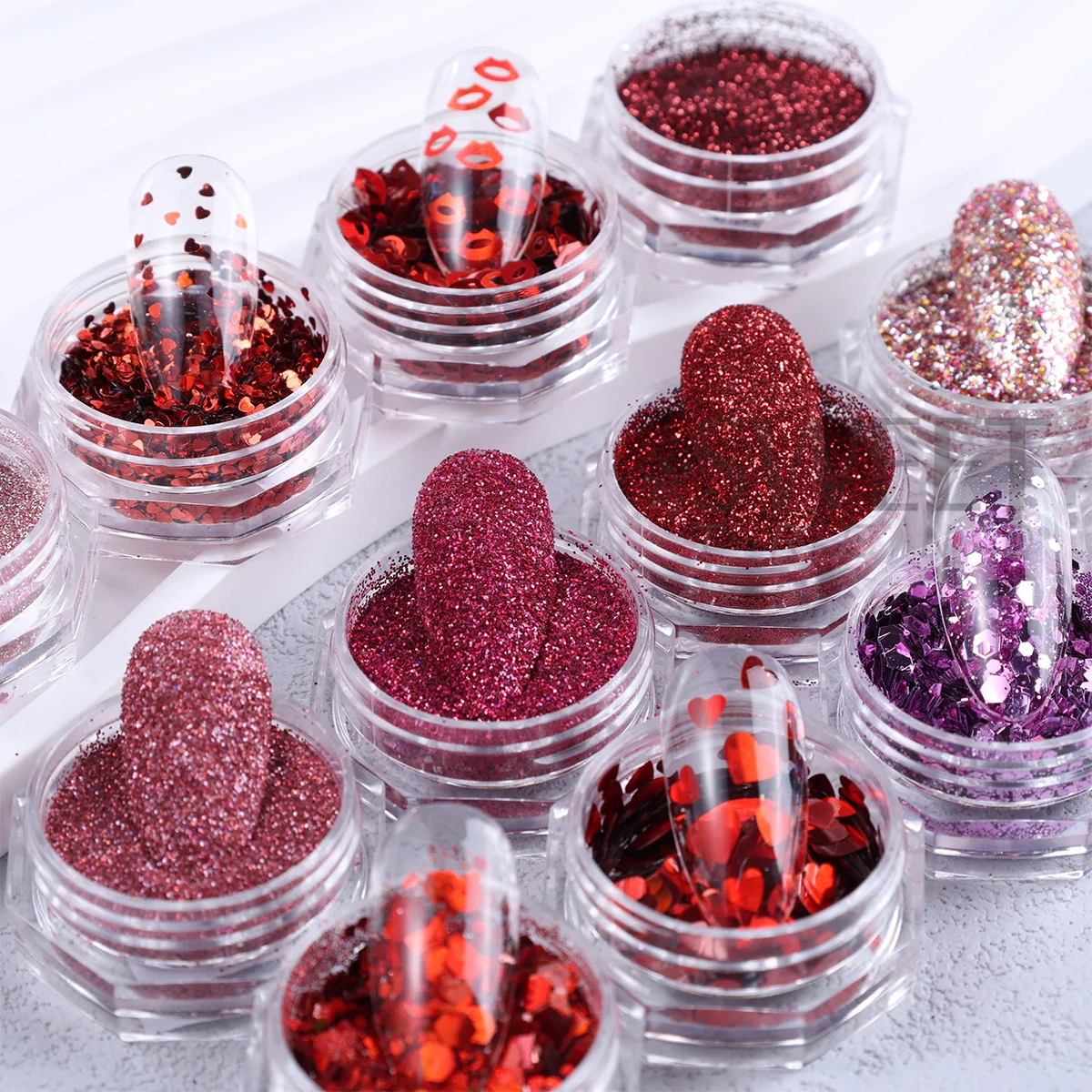 12pcs Sweet Valentine's Series Nail Glitter Mixed Red Pink Mini Love Heart Lip Hexagon Sequins Festive Holiday Manicure Sparkly
