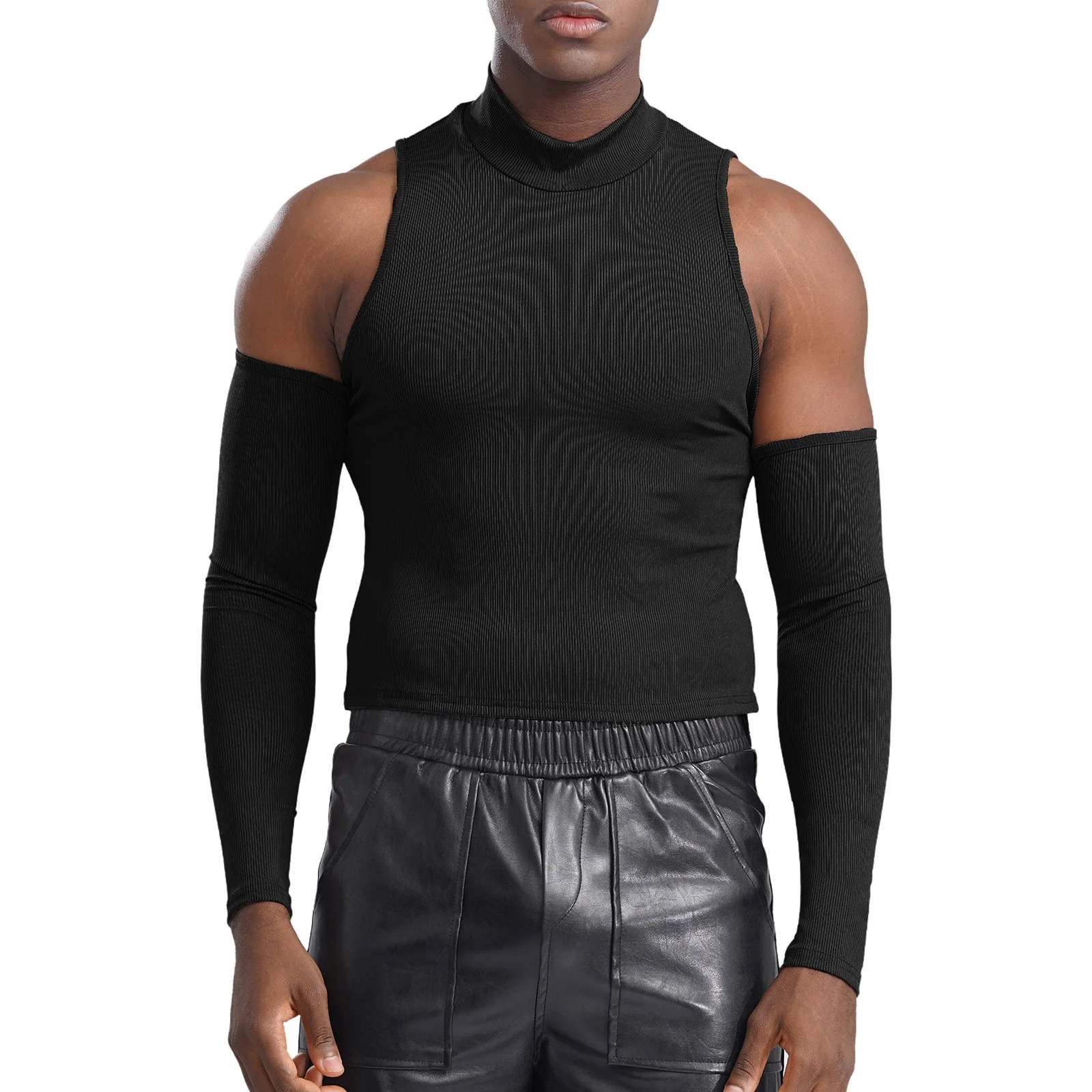 Camiseta con hombros descubiertos para hombre, Top corto acanalado, informal, con cuello simulado, manga larga, Jersey ajustado, ropa para fiesta Rave y discoteca