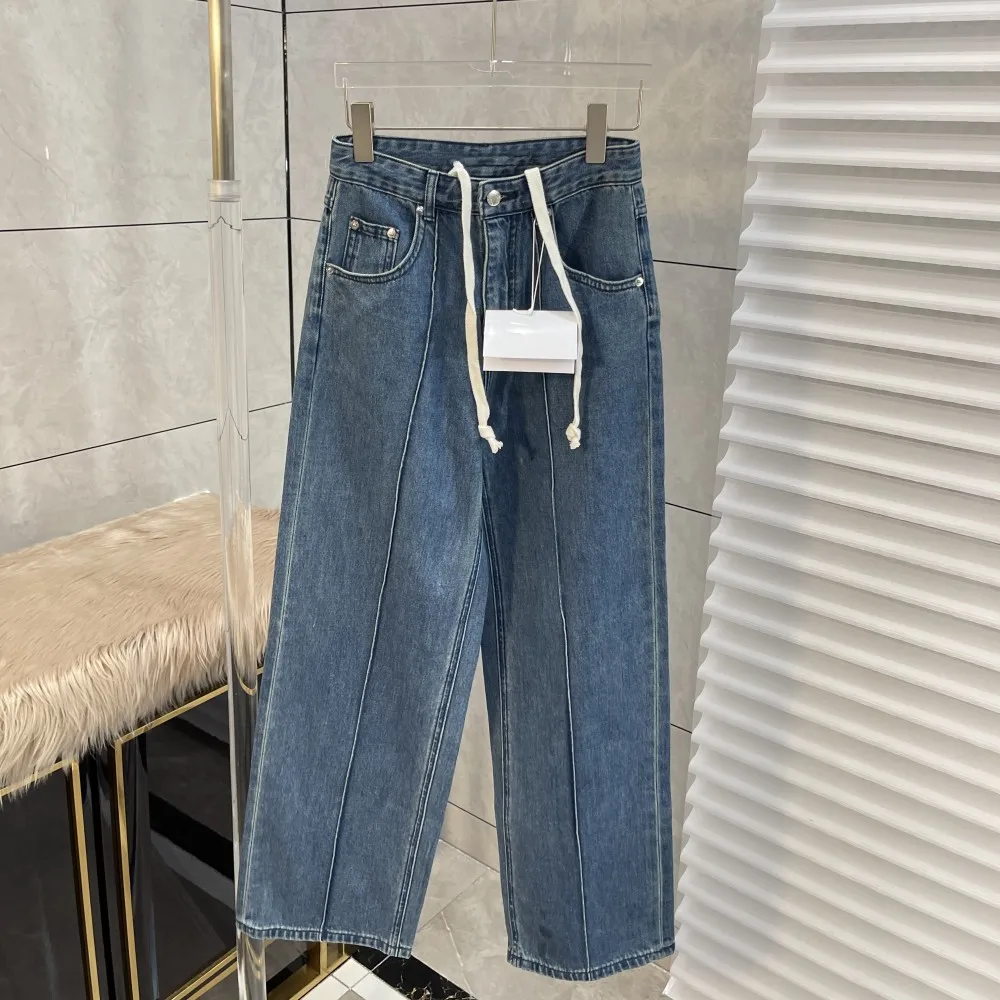 2024 Summer New Women's High Waist Straight Leg Jeans Waist Drawstring Girls' Loose Panel Pants