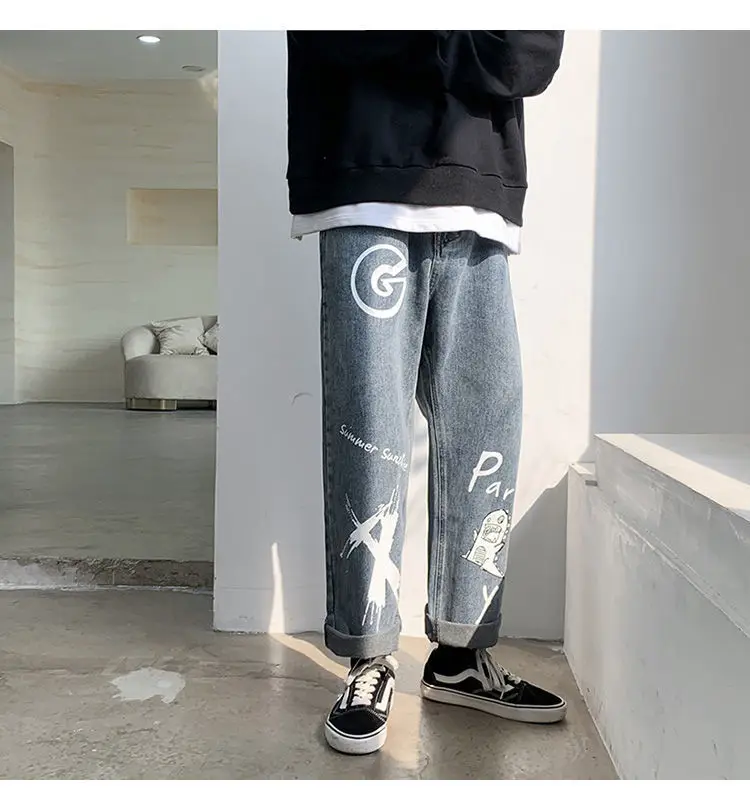 light blue jeans men Spring and Summer HipHop Straight Jeans Men's Graffiti Casual Trousers Trendy Loose Wide Leg Pants Male Student Ins All-Matching flannel lined jeans