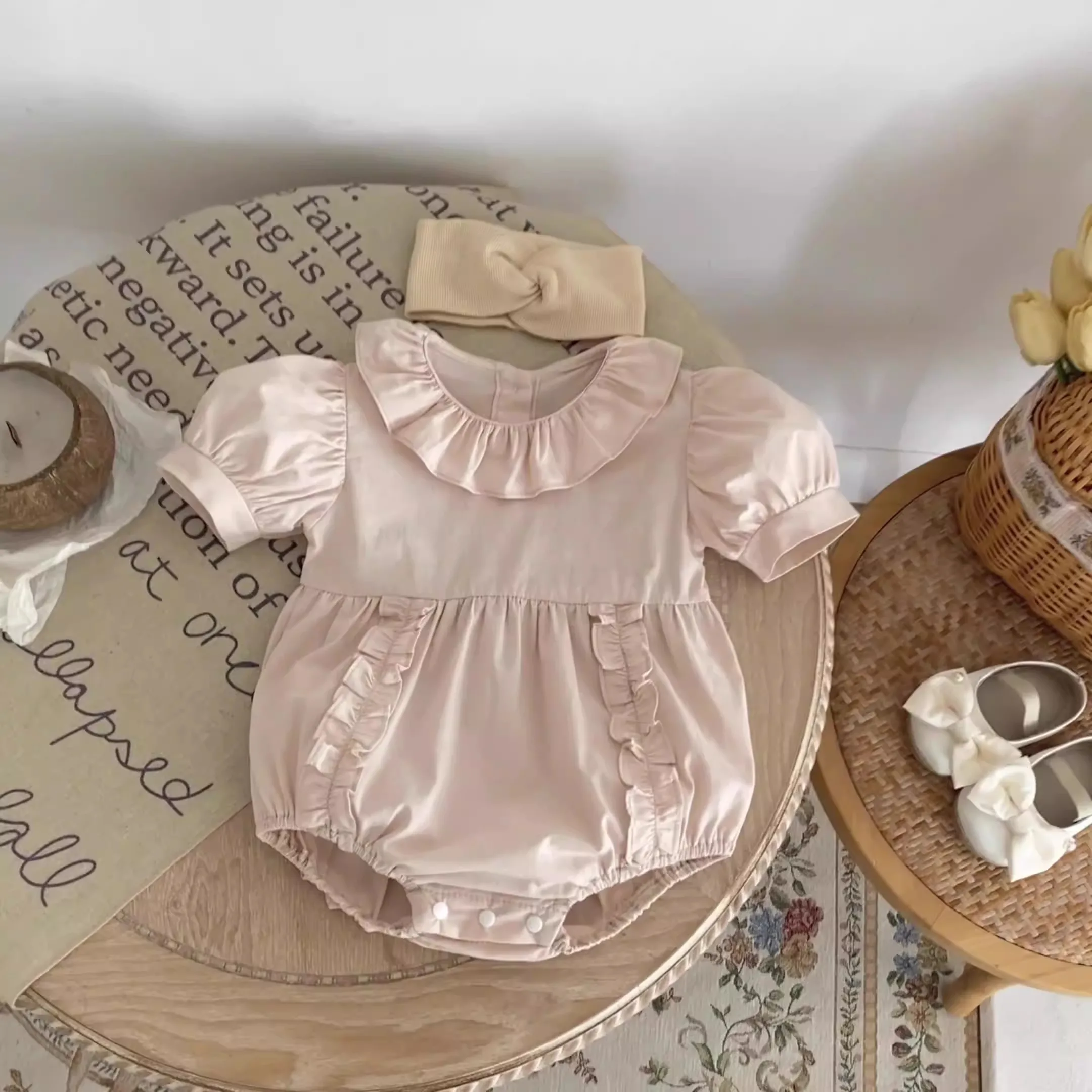 Cotton Baby Girls Ruffle Collar Bodysuits for Summer