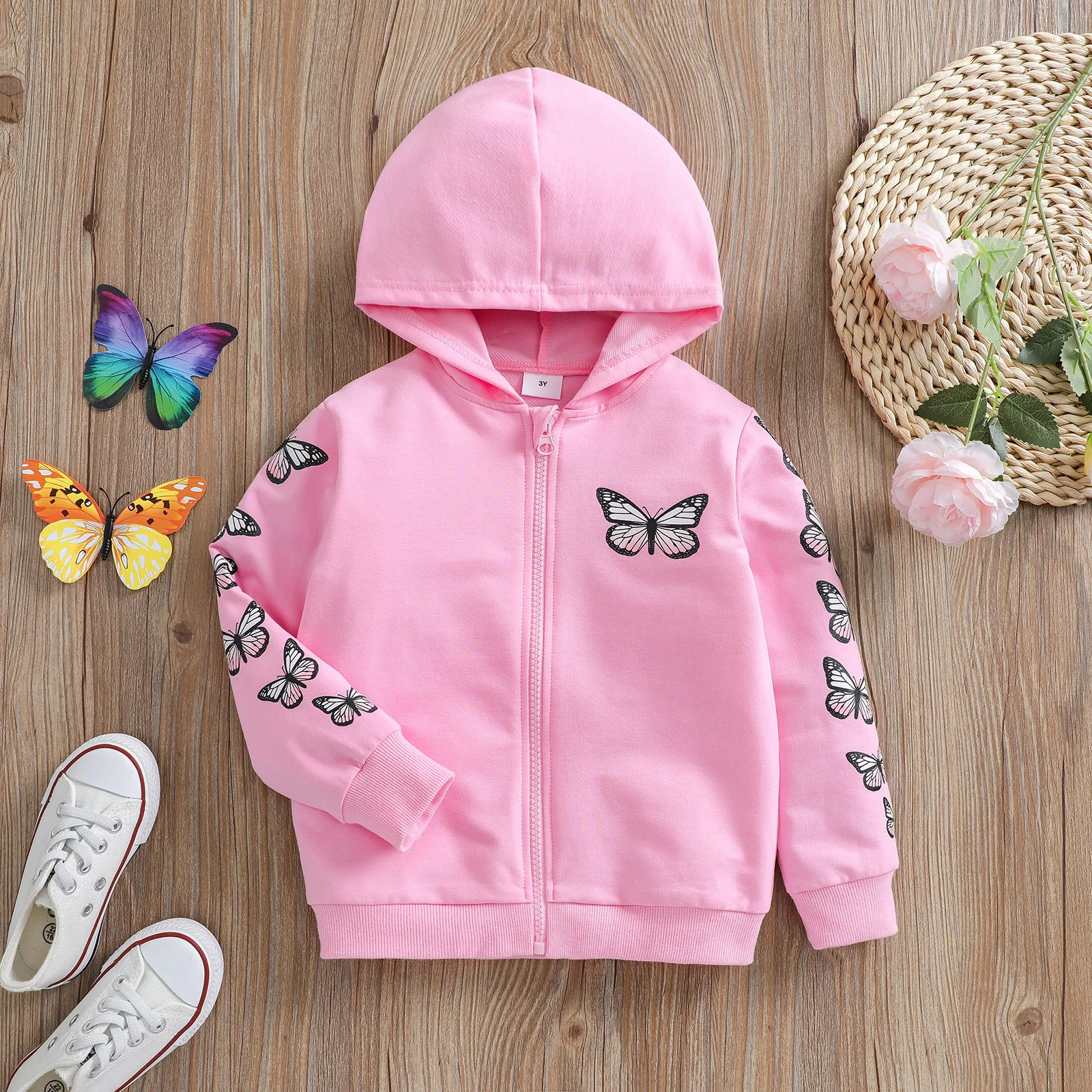 Kids Jackets T Shirt Girls' Sweaters Autumn Children's Hooded Butterfly Tops Fashion Zipper Shirts Streamlined Cotton for Boys